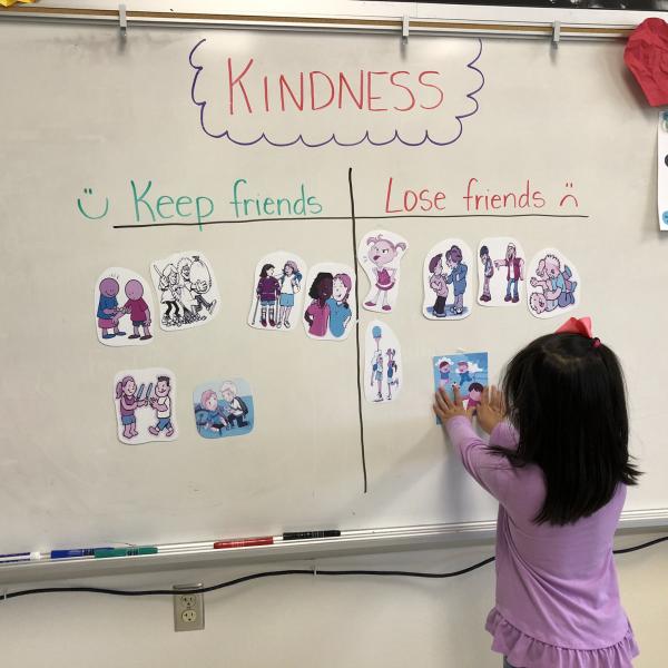 A student organizing images into "kind" and "not kind" in an SEL lesson