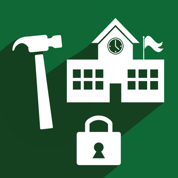 An icon representing Prop A with a hammer, a lock, and a school building.