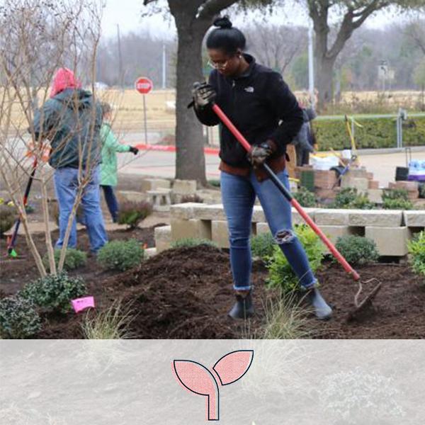 Students tending a garden. A leaf icon representing the agriculture cluster is overlaid on the image.