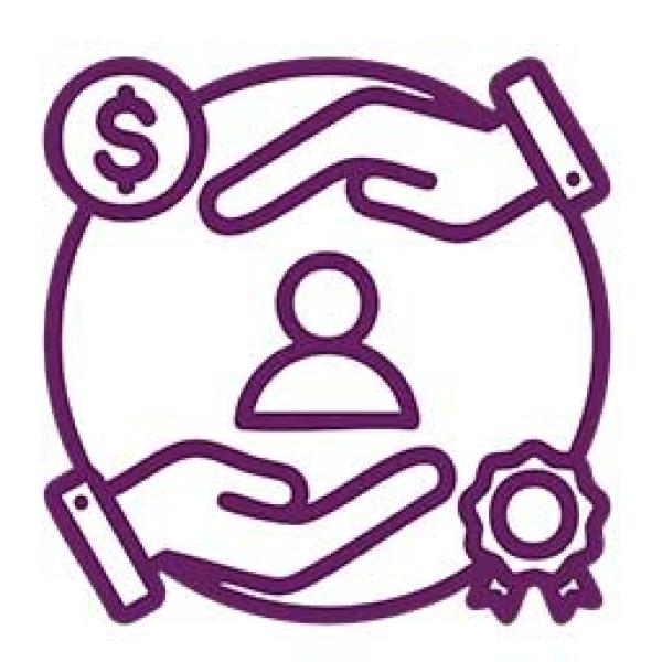 Icon with hands above and below a student icon representing teachers and staff retention