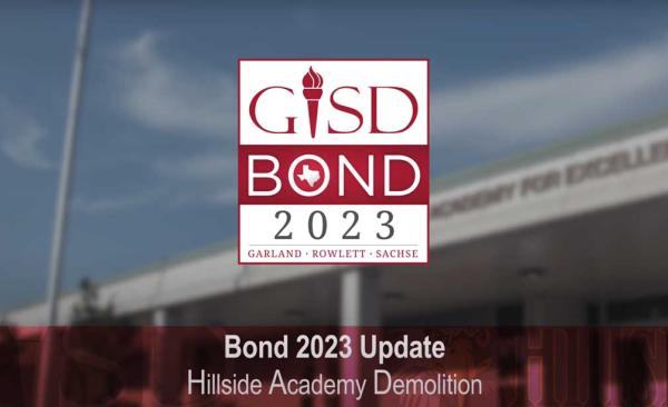 Shot of building demolition with overlay of the GISD Bond 2023 logo and text that says Freeman Elementary Demolition