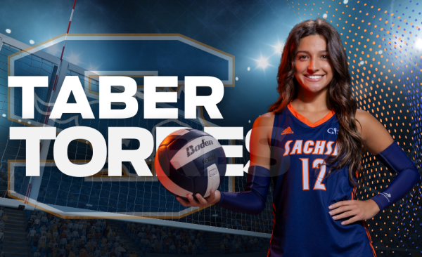 Graphic with a photo of Taber holding a volleyball and the back reads "Taber Torres" with the Sachse High School logo.