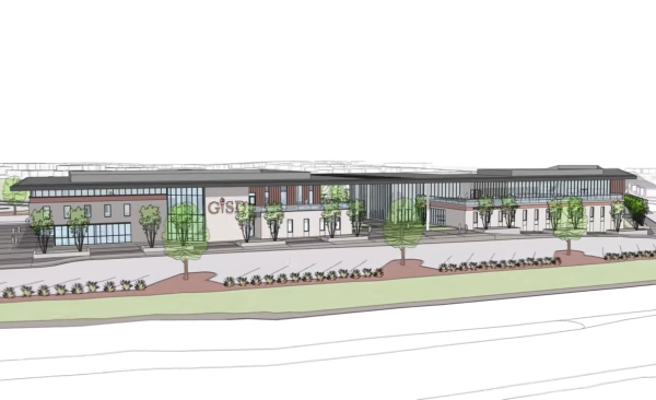 Digitally rendered drawing of the proposed Student Services Center and new Memorial Pathway Academy