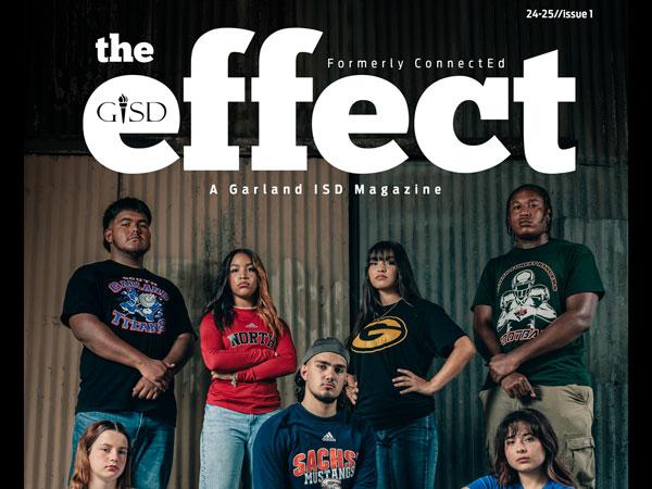 The Effect 24-25 Issue 1 Diverse group of high school students wearing mascot shirts and showing their "game faces".