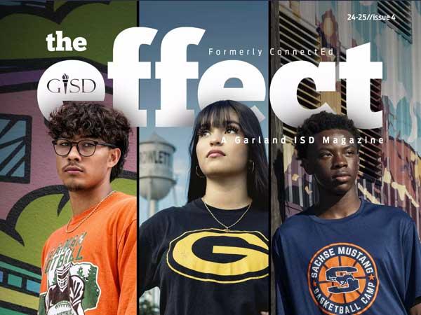 The Effect 24-25 Issue 4 Diverse group of high school students wearing mascot shirts and showing their "game faces".