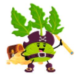 A head of lettuce in pirate gear, a telescope in hand and treasure behind.