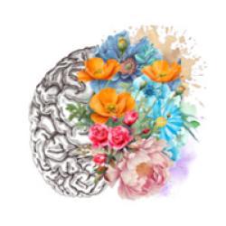 A brain icon with pencil-style line art used for the left half and colorful painted flowers used for the right