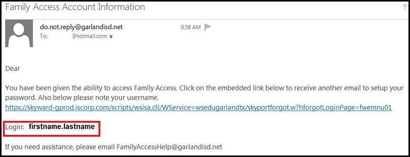 screen shot of Family Access information 