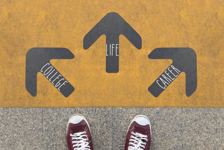 sneakers standing in front of three arrows: College, Life, and Career
