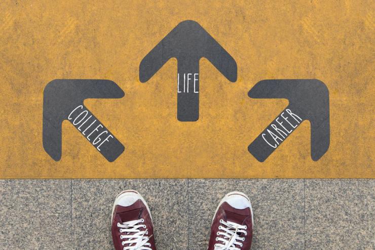 sneakers standing in front of three arrows: College, Life, and Career