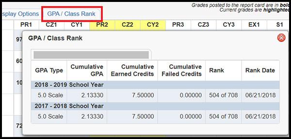 skyward_gradebook_gpa_rank display of skyward screen