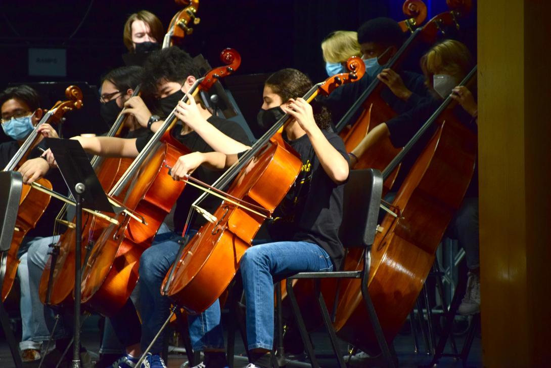 The Garland High School Mighty Owl Orchestra performs in its fall concert.