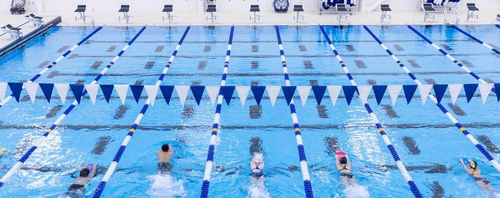 High school swim team members swimming with lap boards in GISD Natatorium