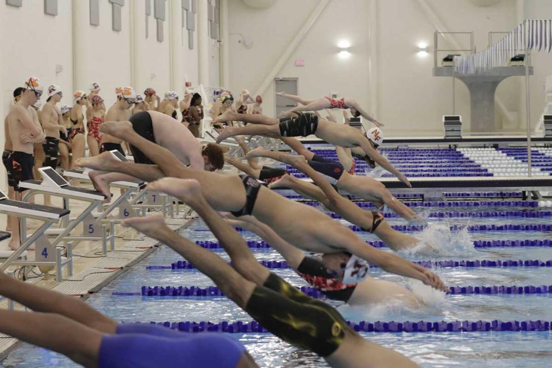 Students from different high schools diving into swim lanes at the GISD Natatorium.