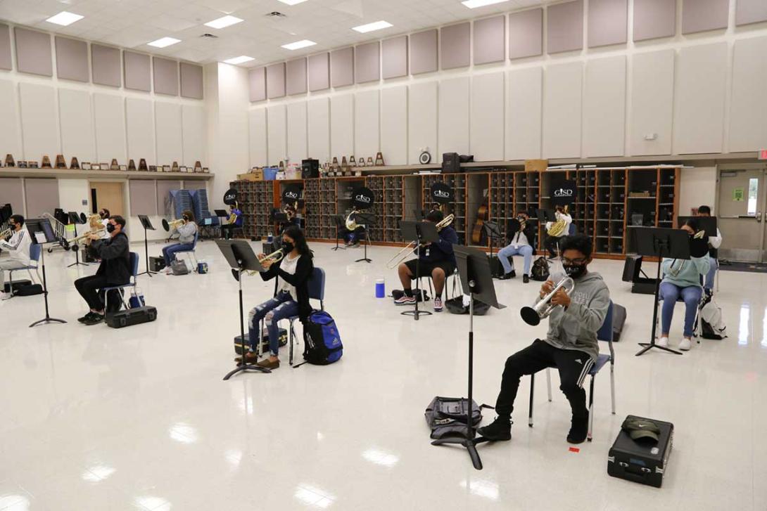 Improved band hall design allows students to spread out during classroom practice.