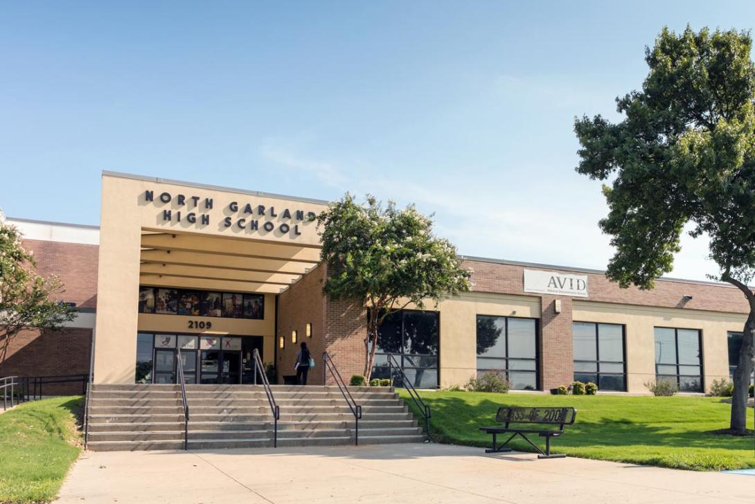 The front of NGHS with an AVID banner