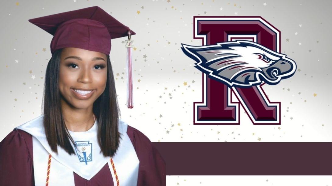 TCBSBM Scholarship Winner from Rowlett High School. Picture of young lady in cap and gown with Rowlett High School Logo