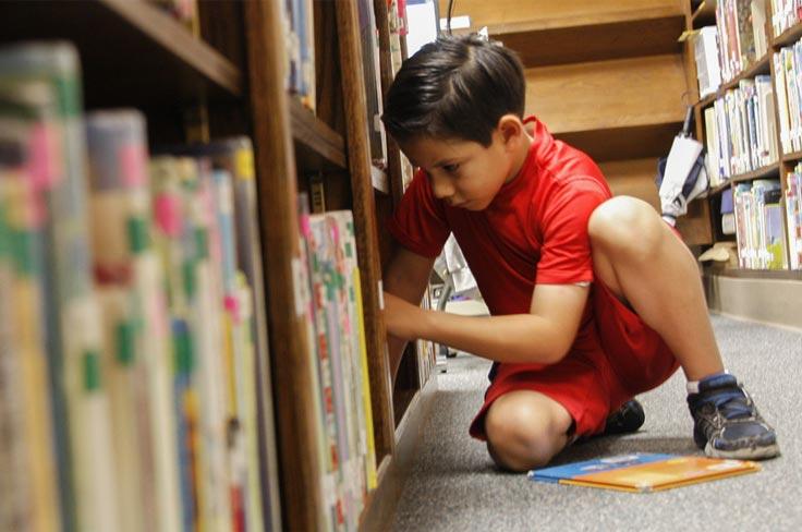 Student looking through a library bookshelf.