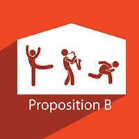 An icon representing Prop B with an outline of a building containing stick figures dancing, playing the saxophone, and running.