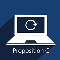 An icon representing Prop C with a laptop resembling a Chromebook and a refresh symbol.