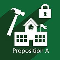 An icon representing Prop A with a hammer, a lock, and a school building.
