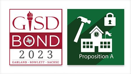 Bond 2023 logo with Proposition A icon featuring a school building, a hammer and a lock.