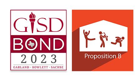 Bond 2023 logo with Proposition B icon featuring a large building with figures dancing, playing saxophone, and running superimposed on it.