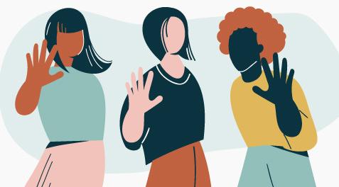 Illustration of three people holding up their hands to communicate "stop".