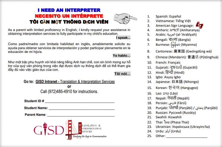 A screenshot of the "I Need An Interpreter" Card, with text in both English, Spanish, and Vietnamese, as well as options for others.