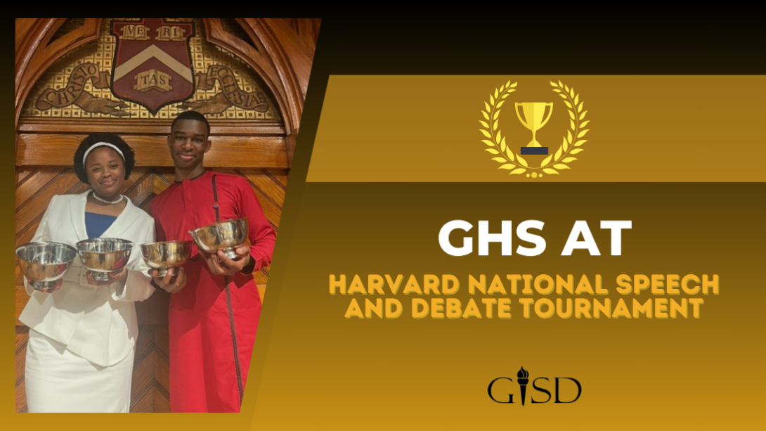 Graphic featuring two students pose with trophies with the text "GHS at Harvard National Speech and Debate Tournament".