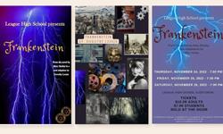 Shots of the promotional material for NGHS' "Frankenstein".  Each features purple and blue hues, lightning strikes, and a mix of steampunk and silent film inspiration.