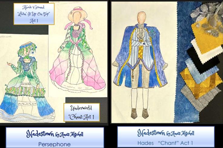 Costume designs for the musical Hadestown, featuring colonial-inspired outfits with bright colors and flowery nature accents.