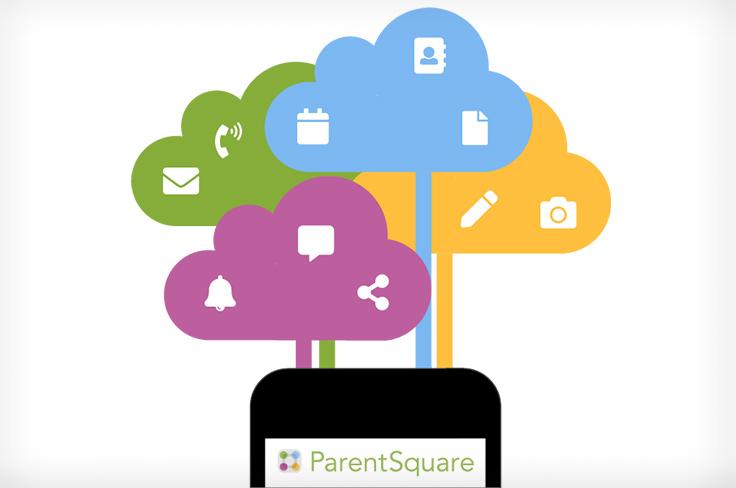 ParentSquare logo with decorative communication symbols.