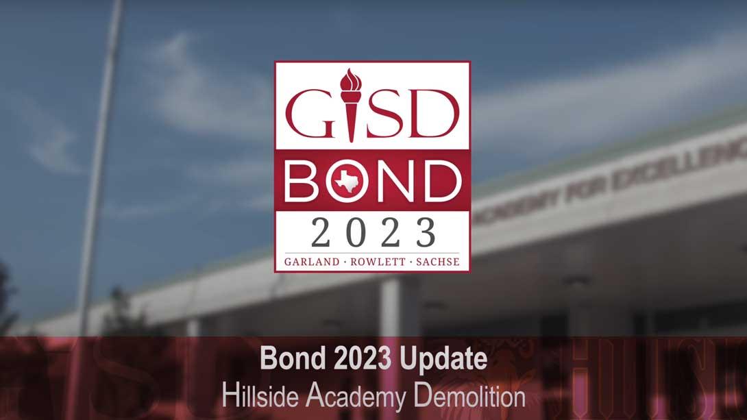 Shot of building demolition with overlay of the GISD Bond 2023 logo and text that says Freeman Elementary Demolition