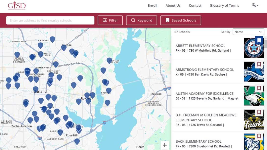 Screenshot of GISD Explore Map showing map and list of schools