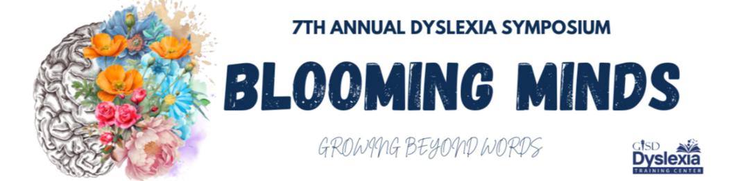 A brain icon with pencil-style line art used for the left half and colorful painted flowers used for the right advertising the Symposium with the text "Blooming Minds: Growing Beyond Words" 