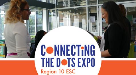 A woman smiles while looking at pamphlets and talking to two event representatives. Text is overlaid that reads: "Connecting the Dots Expo: Region 10 ESC". 