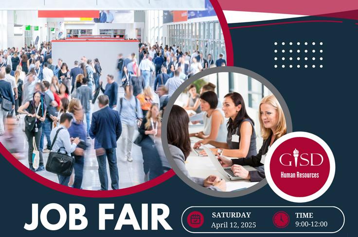 A graphic featuring people mingling and talking at a job fair, the GISD Human Resources logo, and the Job Fair date.