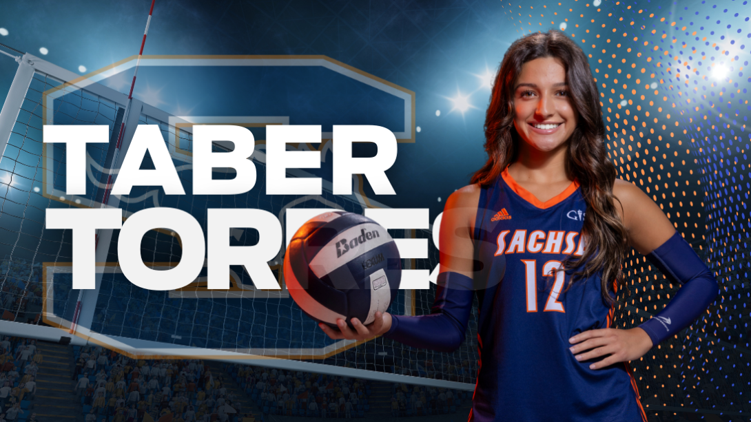 Graphic with a photo of Taber holding a volleyball and the back reads "Taber Torres" with the Sachse High School logo.