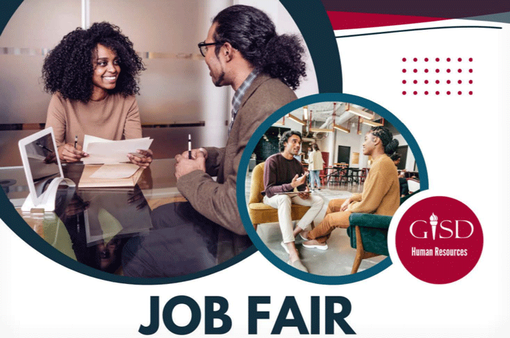 A graphic featuring interviews of diverse people, as well as the GISD Human Resources logo and text reading "Job Fair".
