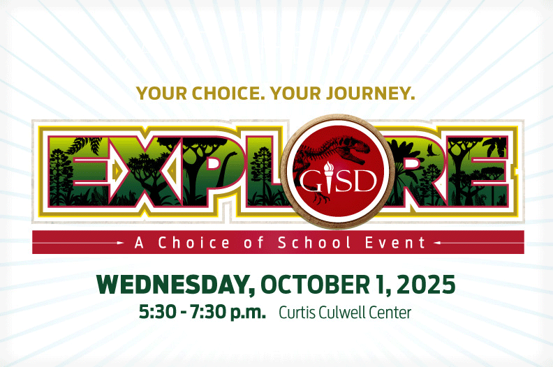 A Jurassic Park-style flyer featuring text, reading "Your choice, your journey". An "Explore GISD" logo sits underneath, with the "o" in explore depicting a T-Rex inside. Underneath more text says "A Choice of School event". 