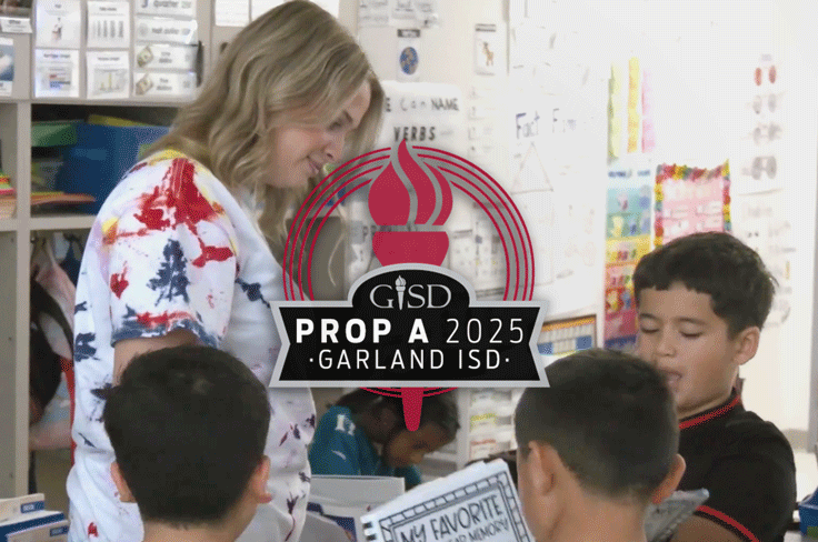 A teacher smiles while a student shows her his work. The GISD Prop A 2025 logo is overlaid on top.
