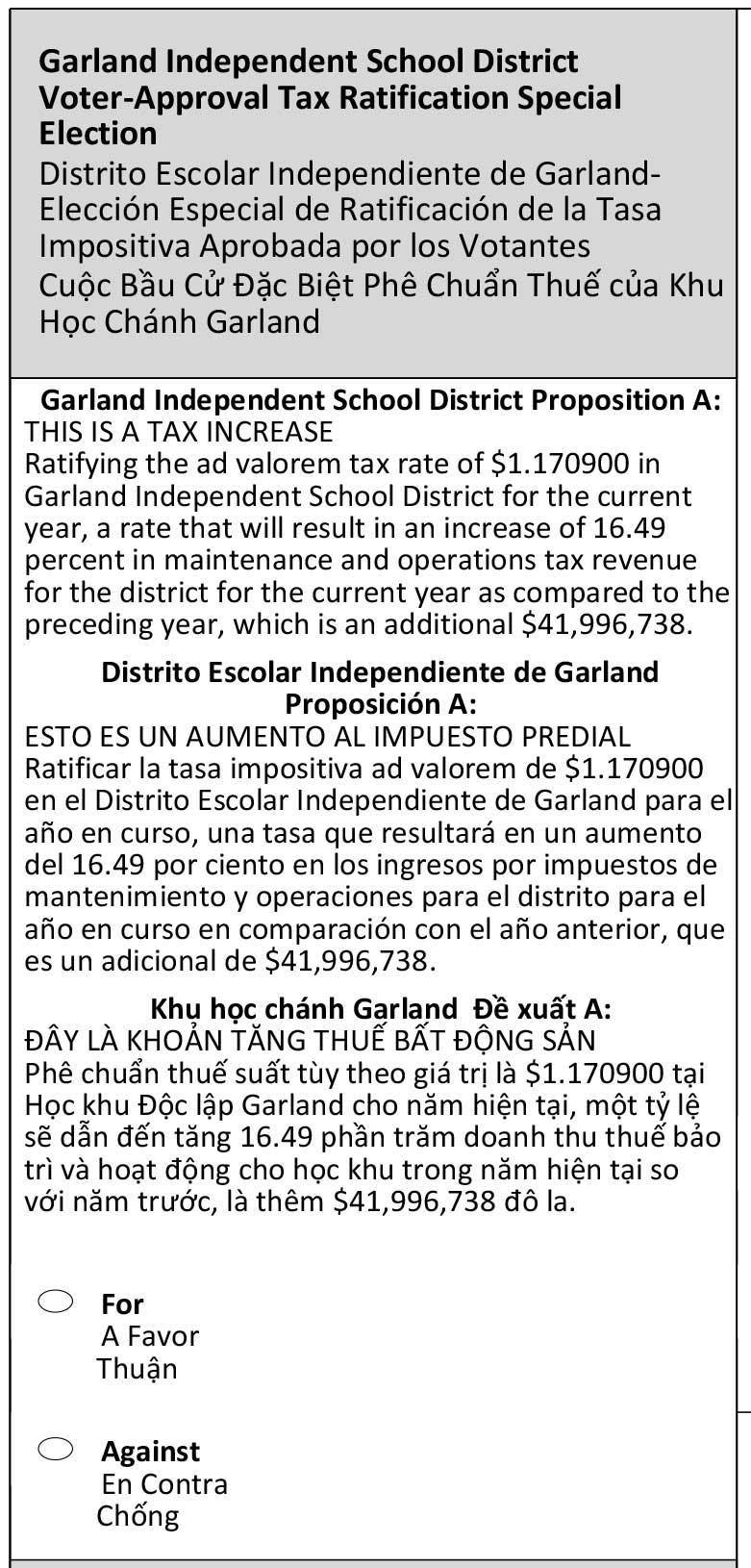 Sample Ballot Garland ISD Voter-Approval Tax Ratification Special Election