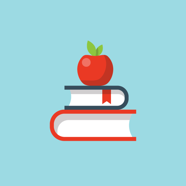 An illustration of an apple atop a few books.