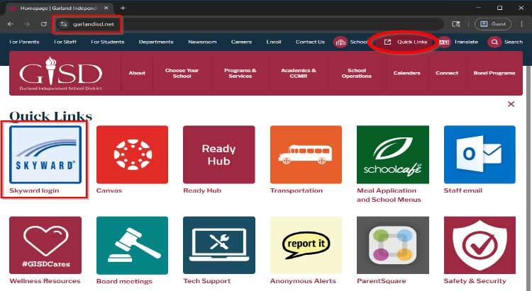 Screenshot of Quick Links dropdown showing the Skyward icon marked with a red box.