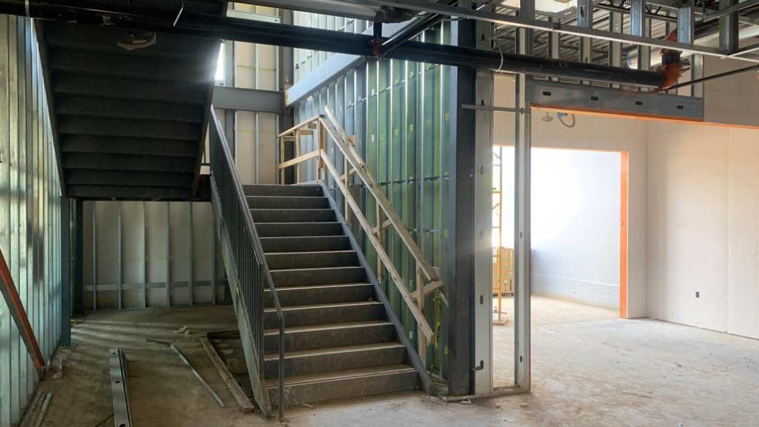 Interior view of Freeman construction showing staircase