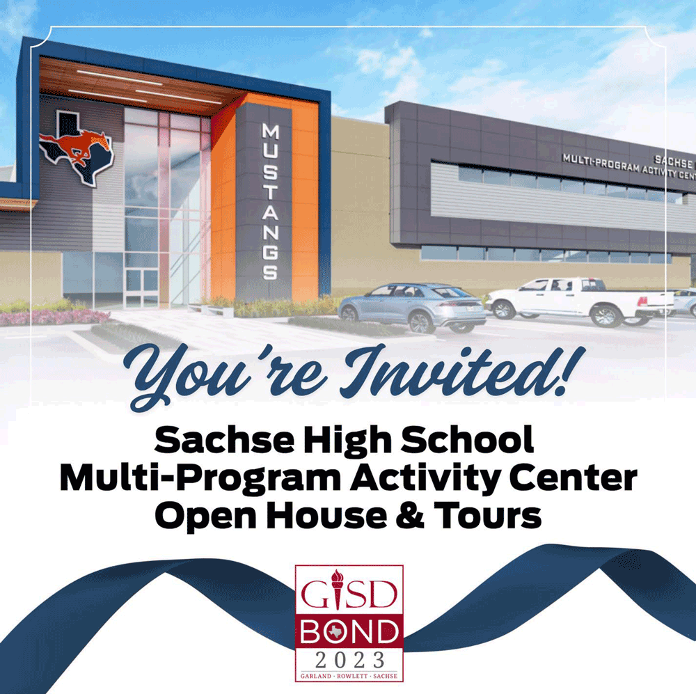 A side-view of the new SHS Multi-Program Activity Center with the Bond 2023 logo overlaid and text reading "You're Invited!".