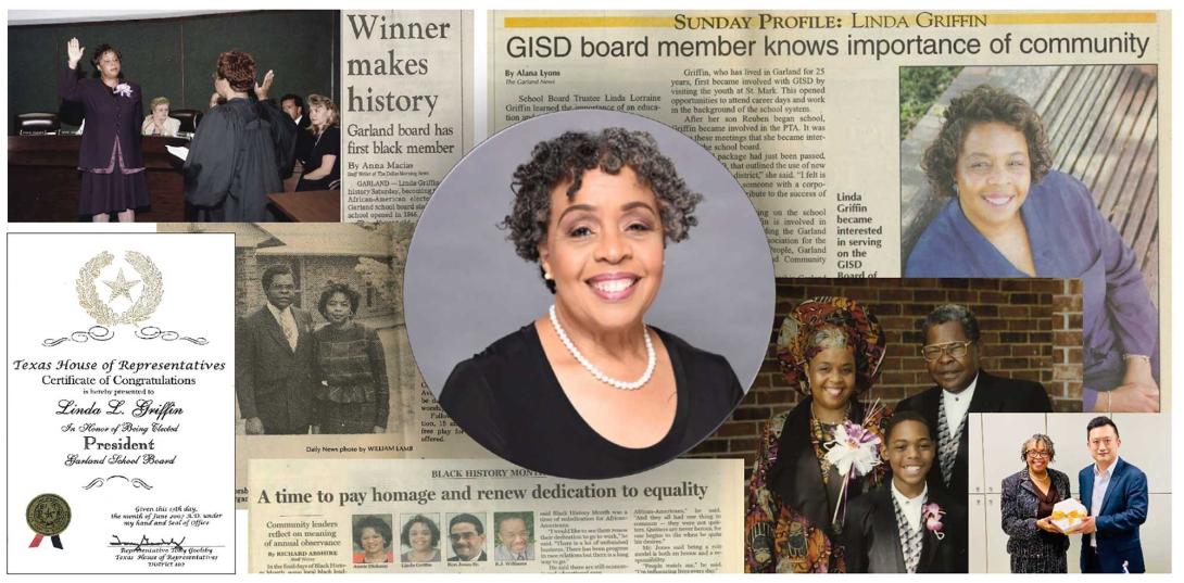 Collage with photos of Mrs. Griffin and articles showcasing her accomplishments