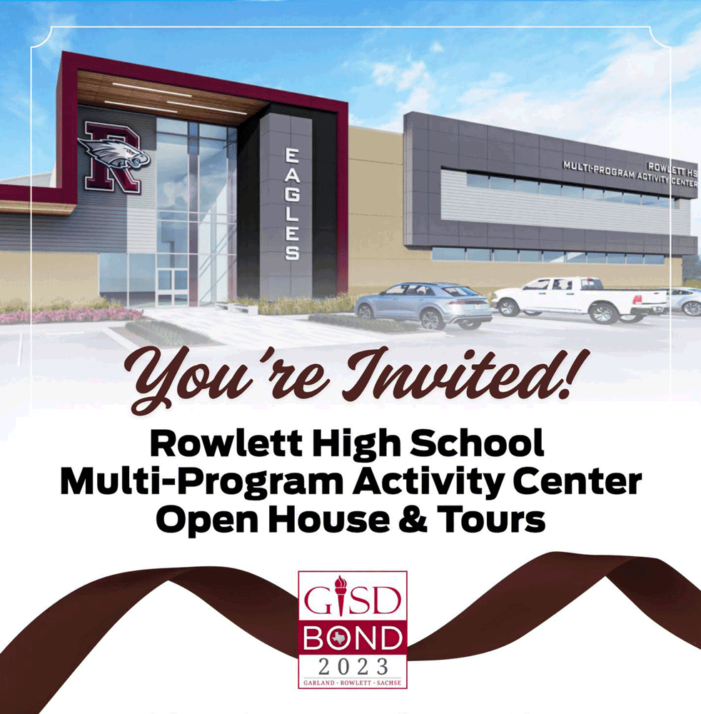 A side-view of the new RHS Multi-Program Activity Center with the Bond 2023 logo overlaid and text reading "You're Invited!".