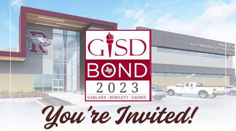 A side-view of the new RHS Multi-Program Activity Center with the Bond 2023 logo overlaid and text reading "You're Invited!".